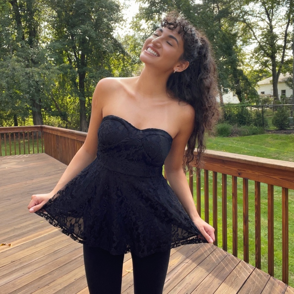 Katie, black strapless lace top, size Small